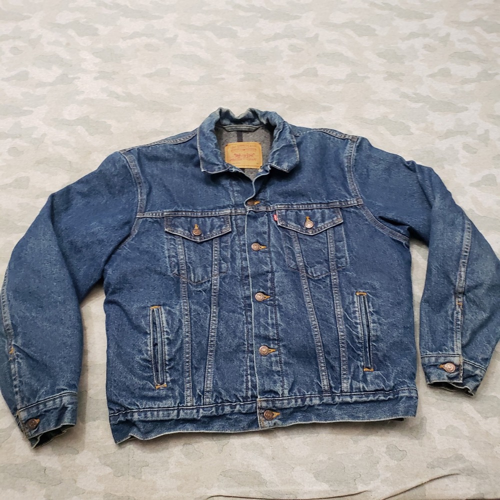 Vtg Levis Trucker Jacket Men 44 Blue Denim Dark Wash Blanket Lined 90s 71506 USA